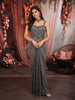 Metallic Charcoal Grey Abstract Heavy Beads Embroidered Design Shimmer Indo Western Lehenga Skirt Top with Choker Dupatta