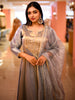 Metallic Grey Floral Sequins and Zardozi Embroidered Design Tissue Silk Anarkali Salwar Suit with Dupatta