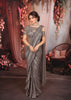Metallic Silver Grey Floral Sequins and Beads Embroidered Design Holographic Ready to Wear Draped Saree with Matching Designer Corset Blouse
