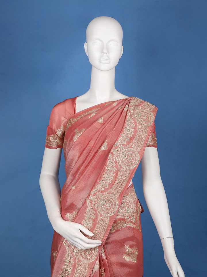 Metallic Rose Floral Zari Sequin Embellishment Organza Saree - Diadem