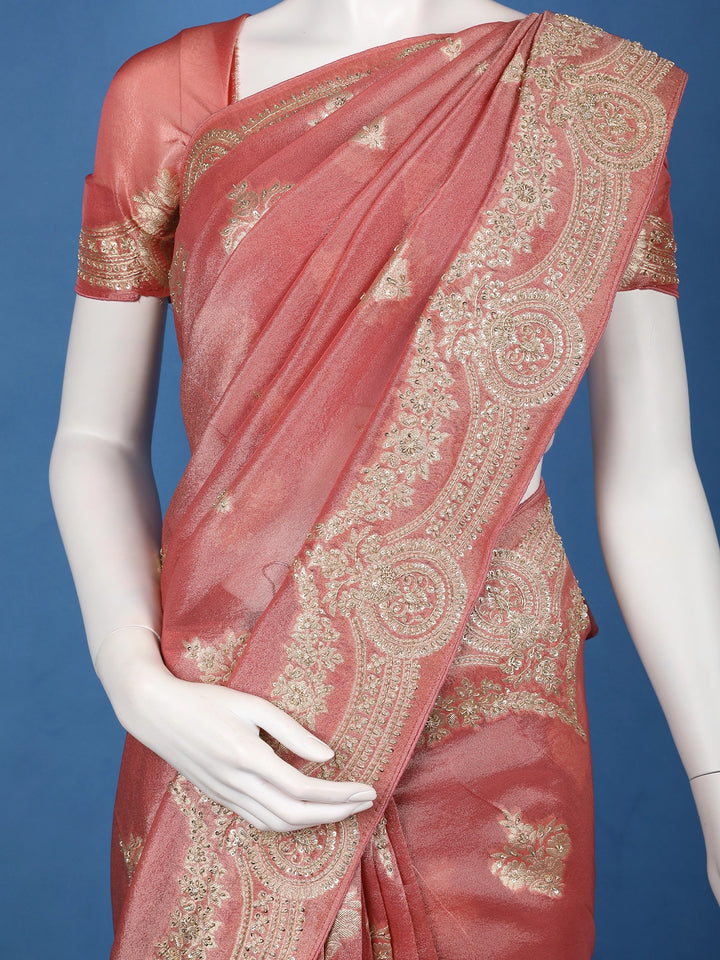 Metallic Rose Floral Zari Sequin Embellishment Organza Saree - Diadem