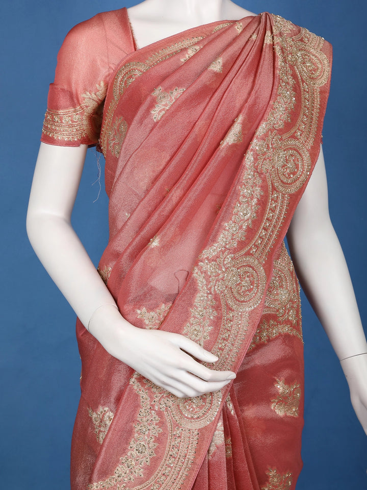 Metallic Rose Floral Zari Sequin Embellishment Organza Saree - Diadem