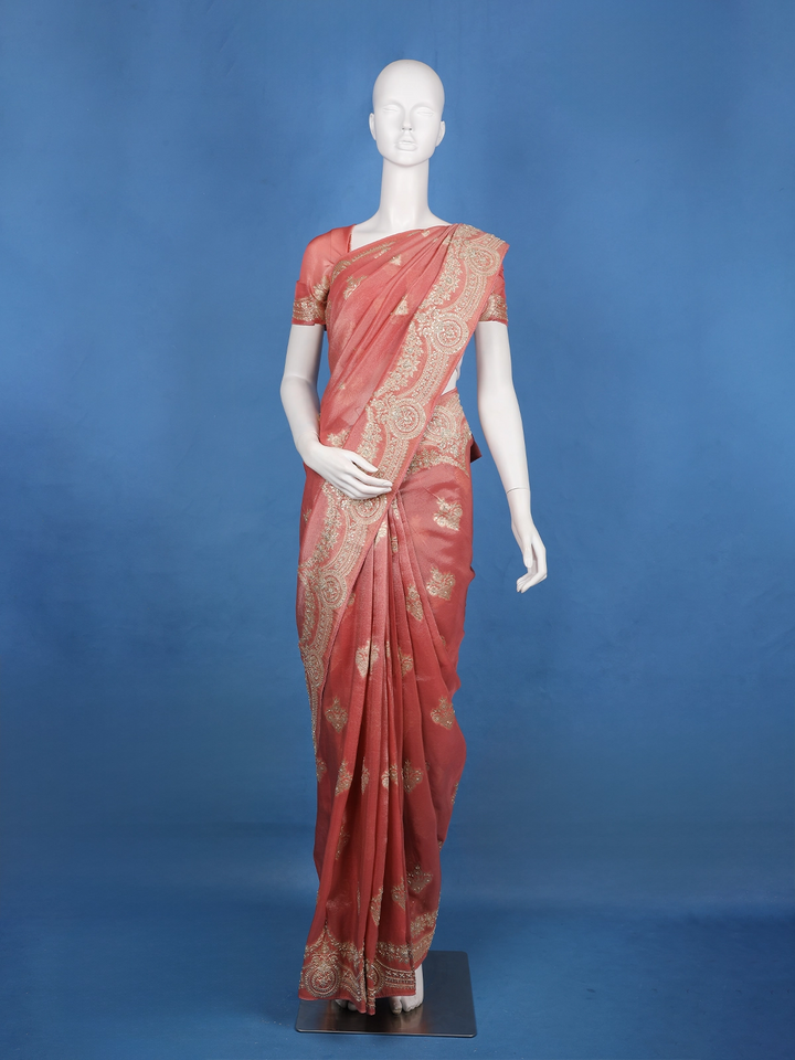 Metallic Rose Floral Zari Sequin Embellishment Organza Saree - Diadem