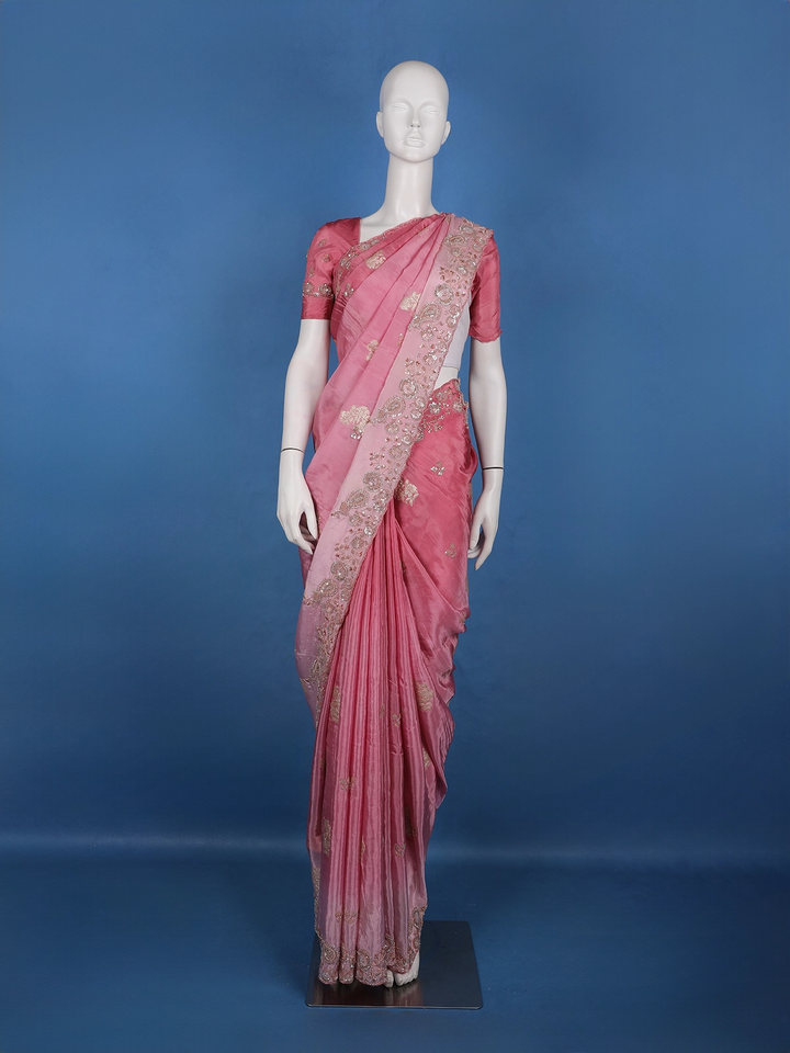 Metallic Rose Floral Zari Sequin Embellishment Organza Saree - Diadem