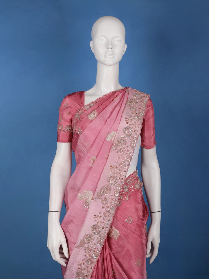 Metallic Rose Floral Zari Sequin Embellishment Organza Saree - Diadem