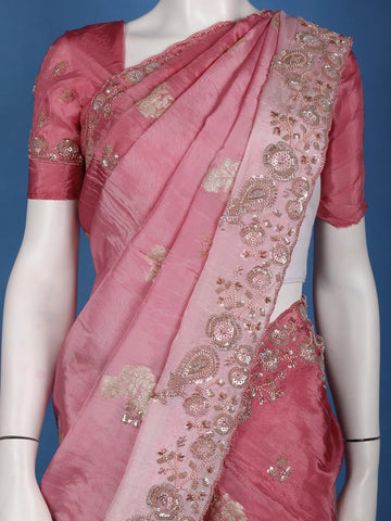 Metallic Rose Floral Zari Sequin Embellishment Organza Saree - Diadem