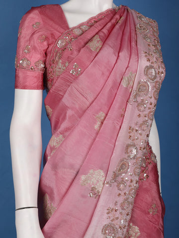 Metallic Rose Floral Zari Sequin Embellishment Organza Saree - Diadem