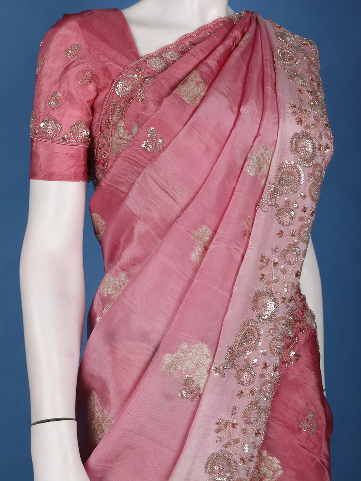 Metallic Rose Floral Zari Sequin Embellishment Organza Saree - Diadem