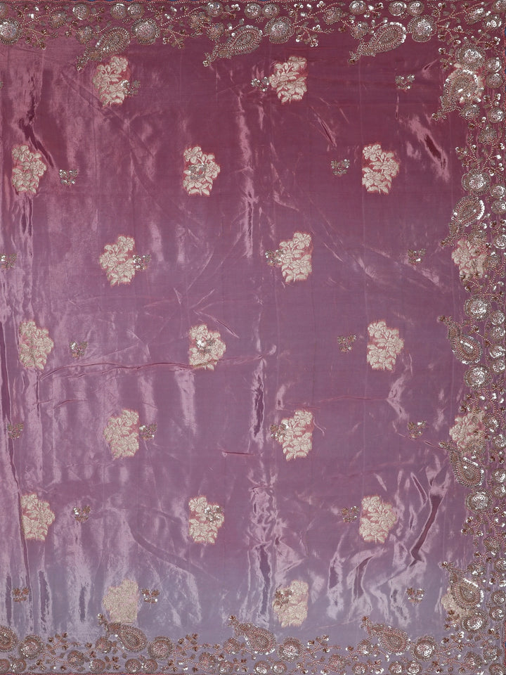 Metallic Rose Floral Zari Sequin Embellishment Organza Saree - Diadem