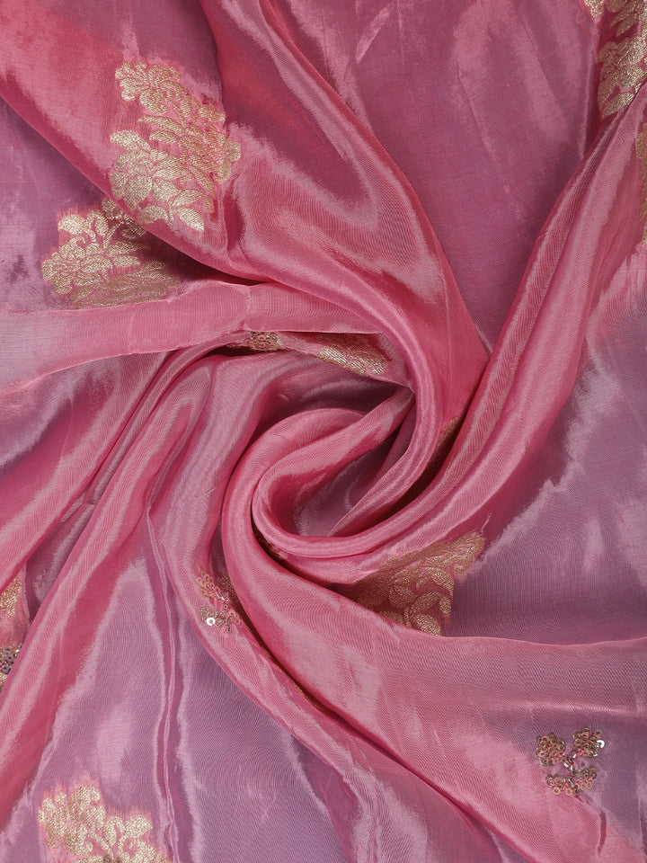 Metallic Rose Floral Zari Sequin Embellishment Organza Saree - Diadem