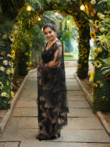 Midnight Black Sequin Embellished Net Saree - Diadem