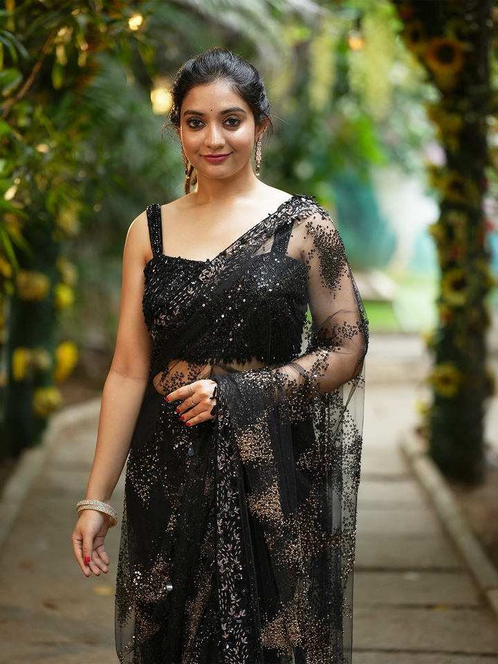 Midnight Black Sequin Embellished Net Saree - Diadem