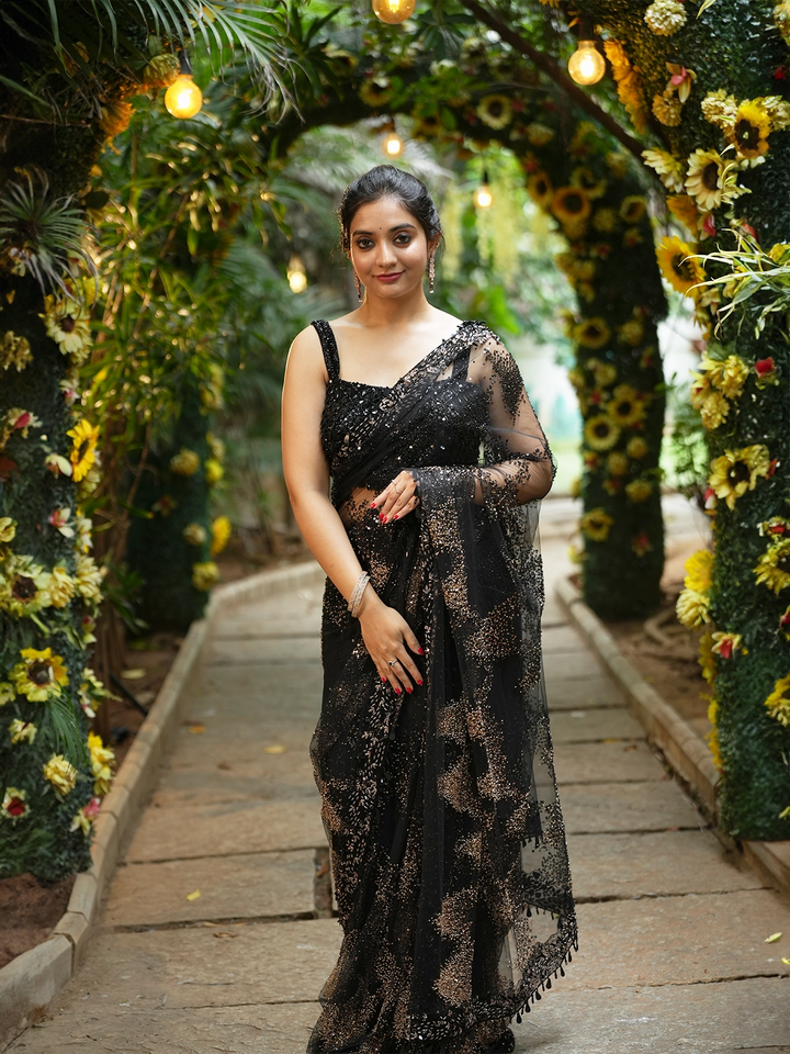 Midnight Black Sequin Embellished Net Saree - Diadem