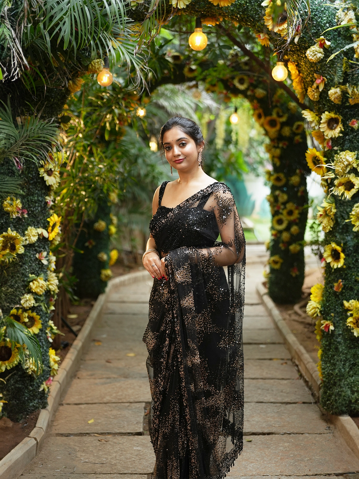 Midnight Black Sequin Embellished Net Saree - Diadem