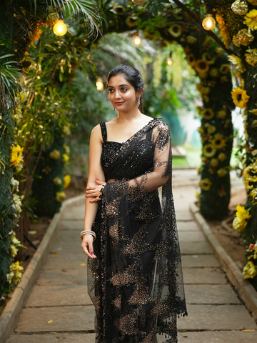 Midnight Black Sequin Embellished Net Saree - Diadem