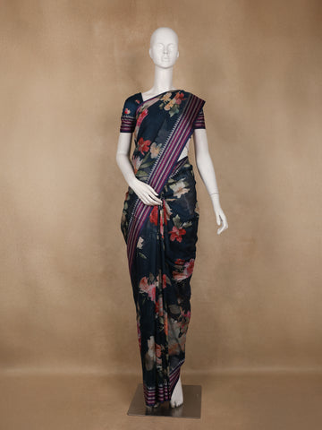 Midnight Blue Floral Printed Kota Cotton Saree - Diadem