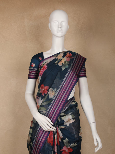 Midnight Blue Floral Printed Kota Cotton Saree - Diadem