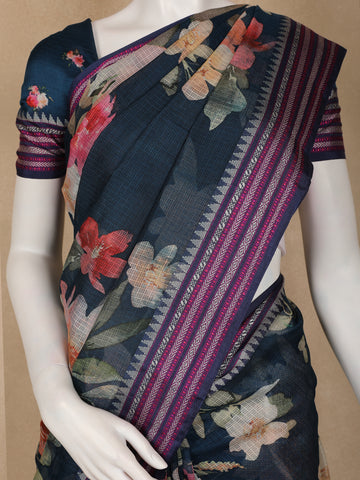 Midnight Blue Floral Printed Kota Cotton Saree - Diadem
