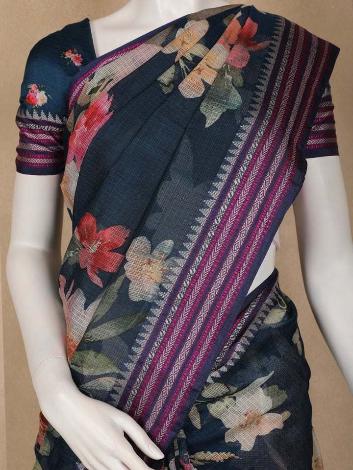 Midnight Blue Floral Printed Kota Cotton Saree - Diadem