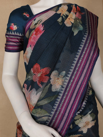 Midnight Blue Floral Printed Kota Cotton Saree - Diadem