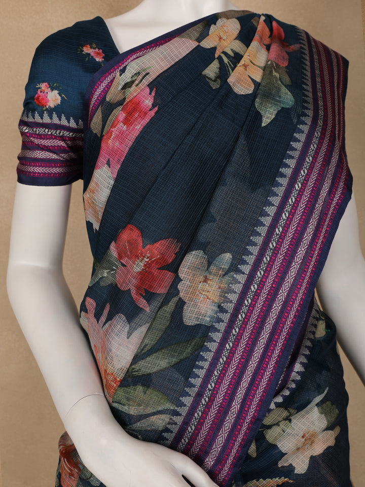 Midnight Blue Floral Printed Kota Cotton Saree - Diadem