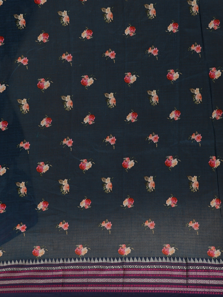 Midnight Blue Floral Printed Kota Cotton Saree - Diadem