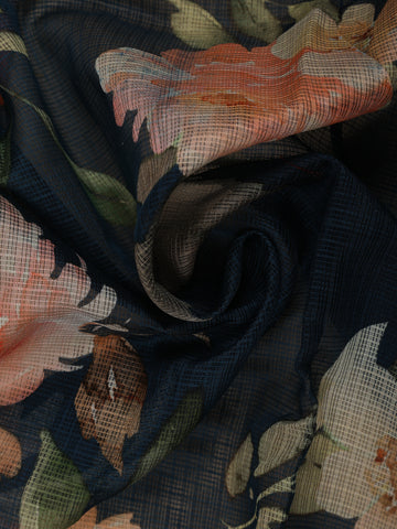 Midnight Blue Floral Printed Kota Cotton Saree - Diadem