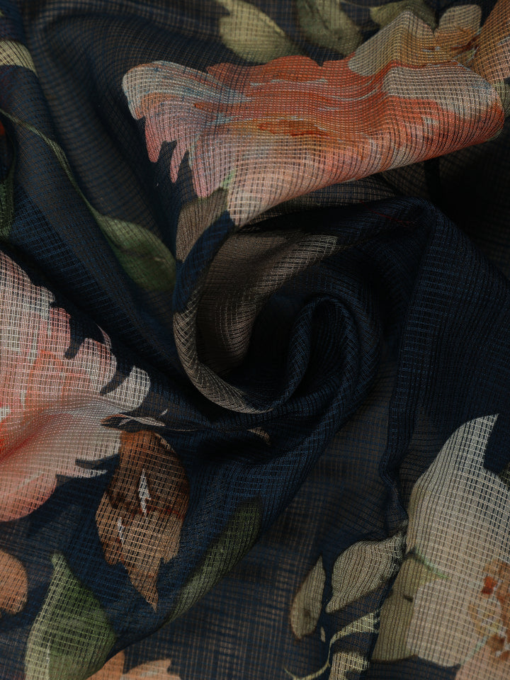 Midnight Blue Floral Printed Kota Cotton Saree - Diadem