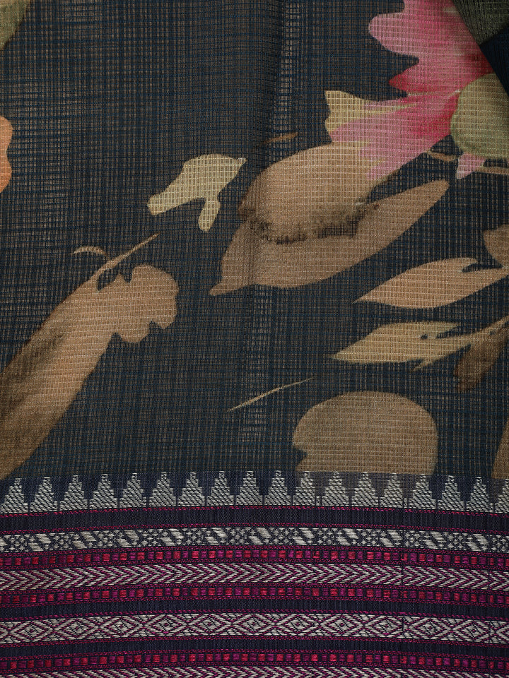 Midnight Blue Floral Printed Kota Cotton Saree - Diadem