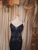 Midnight Navy Blue All Over Heavy Sequins and Crystal Embroidered Design Sequins Fabric Party Wear Fish Cut Gown