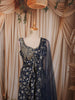 Midnight Navy Blue Floral Sequins and Zari Embroidered Design Banarasi Silk Lehenga with Matching Dupatta
