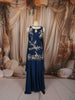 Midnight Navy Blue Floral Vine Sequins and Beads Embroidered Design Satin Party Wear Palazzo Suit with Matching Choker Dupatta