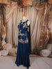 Midnight Navy Blue Floral Vine Sequins and Beads Embroidered Design Satin Party Wear Palazzo Suit with Matching Choker Dupatta