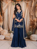 Midnight Navy Blue Floral Vine Sequins and Beads Embroidered Design Satin Party Wear Palazzo Suit with Matching Choker Dupatta