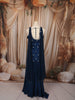 Midnight Navy Blue Floral Vine Sequins and Beads Embroidered Design Satin Party Wear Palazzo Suit with Matching Choker Dupatta