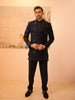Midnight Navy Blue Floral Vine Sequins and Thread Embroidered Design Jacquard Sherwani Set