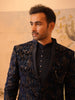 Midnight Navy Blue Floral Vine Sequins and Thread Embroidered Design Jacquard Sherwani Set