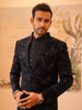 Midnight Navy Blue Floral Vine Sequins and Thread Embroidered Design Jacquard Sherwani Set