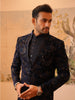 Midnight Navy Blue Floral Vine Sequins and Thread Embroidered Design Jacquard Sherwani Set