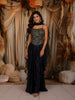 Midnight Navy Blue Heavy Beads Emroidered Design Satin Ready to Wear Saree with Ruffle Dupatta