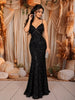 Midnight Navy Blue Heavy Sequins Embroidered Design Sequins Fabric Party Wear Fish Cut Gown with Draped Beaded Shoulder Chains
