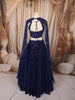 Midnight Navy Blue Heavy Sequins and Beads Embroidered Design Net Bridal Lehenga with Cape Sleeves