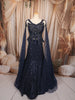 Midnight Navy Blue Heavy Sequins and Beads Embroidered Design Net Mermaid Bridal Lehenga with Designer Corset Blouse and Matching Cape Sleeve