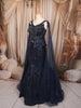 Midnight Navy Blue Heavy Sequins and Beads Embroidered Design Net Mermaid Bridal Lehenga with Designer Corset Blouse and Matching Cape Sleeve