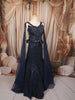 Midnight Navy Blue Heavy Sequins and Beads Embroidered Design Net Mermaid Bridal Lehenga with Designer Corset Blouse and Matching Cape Sleeve