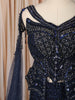 Midnight Navy Blue Heavy Sequins and Beads Embroidered Design Net Mermaid Bridal Lehenga with Designer Corset Blouse and Matching Cape Sleeve