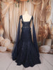 Midnight Navy Blue Heavy Sequins and Beads Embroidered Design Net Mermaid Bridal Lehenga with Designer Corset Blouse and Matching Cape Sleeve