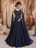 Midnight Navy Blue Heavy Sequins and Beads Embroidered Design Net Mermaid Bridal Lehenga with Designer Corset Blouse and Matching Cape Sleeve