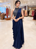 Midnight Navy Blue Mirror and Silver Beads Embroidered Design Satin Ready to Wear Draped Saree with Halter Blouse