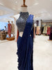 Midnight Navy Blue Mirror and Silver Beads Embroidered Design Satin Ready to Wear Draped Saree with Halter Blouse